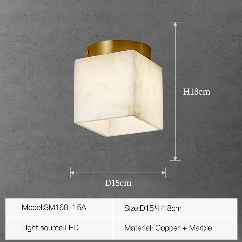 A minimalist ceiling light fixture with a square, Spanish marble-like shade and a copper base. The dimensions are 18 cm in height and 15 cm in diameter. This Natural Marble Hallway Ceiling Light Fixture by Morsale.com, model SM168-15A, uses an LED light source.
