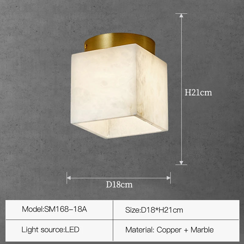 Natural Marble Hallway Ceiling Light Fixture by Morsale.com with a minimalistic design featuring a Spanish marble-like cube shade and copper mounting. Dimensions listed below show 18 cm width, 21 cm height. Model number: SM168-18A. Uses LED light source. Materials are copper and marble.