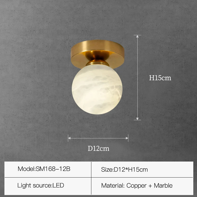 An image of a minimalist Morsale.com Natural Marble Hallway Ceiling Light Fixture with a round Spanish marble shade mounted on a gold base. Dimensions marked show height of 15 cm and diameter of 12 cm. Specifications below indicate model SM168-12B, LED light source, and materials: copper and marble.