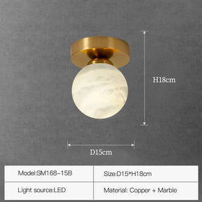A modern Natural Marble Hallway Ceiling Light Fixture by Morsale.com is shown against a grey background. The LED light fixture features a spherical Spanish marble shade attached to a circular copper base. Dimensions are indicated: 15 cm diameter and 18 cm height. Additional details include model number SM168-15B.