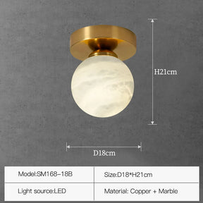 A Morsale.com Natural Marble Hallway Ceiling Light Fixture featuring a round Spanish marble-like glass shade and copper base. Dimensions are 18 cm in diameter and 21 cm in height. The LED light source ensures energy efficiency, while the materials include premium copper and marble. Model: SM168-18B.
