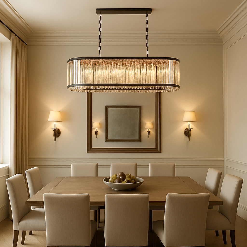 A modern dining room features a wooden table with eight beige upholstered chairs, a fruit bowl centerpiece, elegant wall sconces, a framed mirror, and the Gio Amber Crystal Dining Chandelier by Morsale.com overhead.