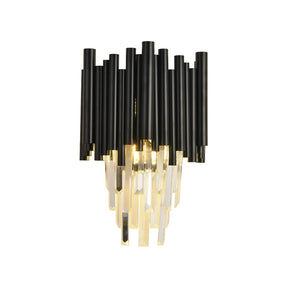 The Vigo Crystal Wall Sconce by Morsale.com is a wall-mounted light fixture with a modern design, featuring black cylindrical rods at the top and clear, angular crystal-like pieces hanging below to create a cascading effect. Perfect for indoor settings, this wall sconce showcases its light source through sparkling crystal accents.