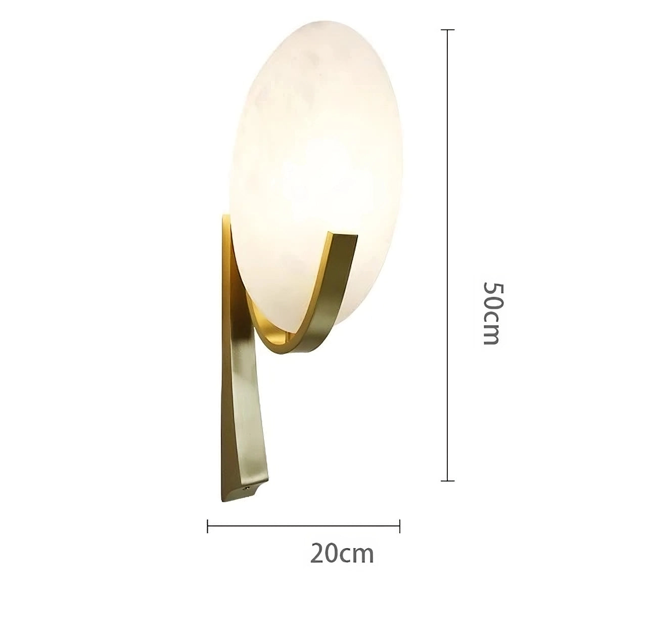 The Natural Marble & Copper Sconce Light, available at Morsale.com, showcases a modern wall sconce featuring a frosted white oval-shaped light attached to a sleek gold-colored bracket. This handcrafted piece includes an integrated LED and measures 50 cm in height and 20 cm in width.