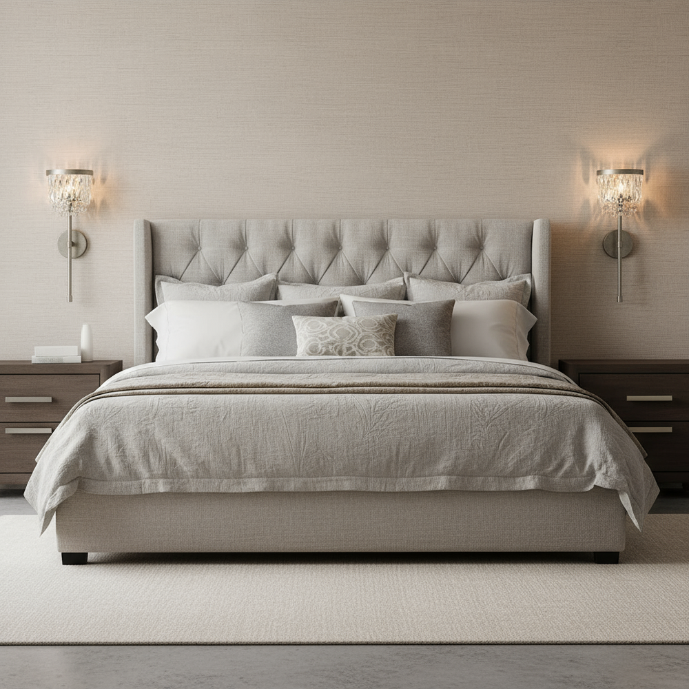 
                  
                    A modern bedroom features a tufted gray headboard, gray and white bedding, dark wood nightstands, and Valente Crystal & Brass Wall Sconces by Morsale.com on light textured walls.
                  
                