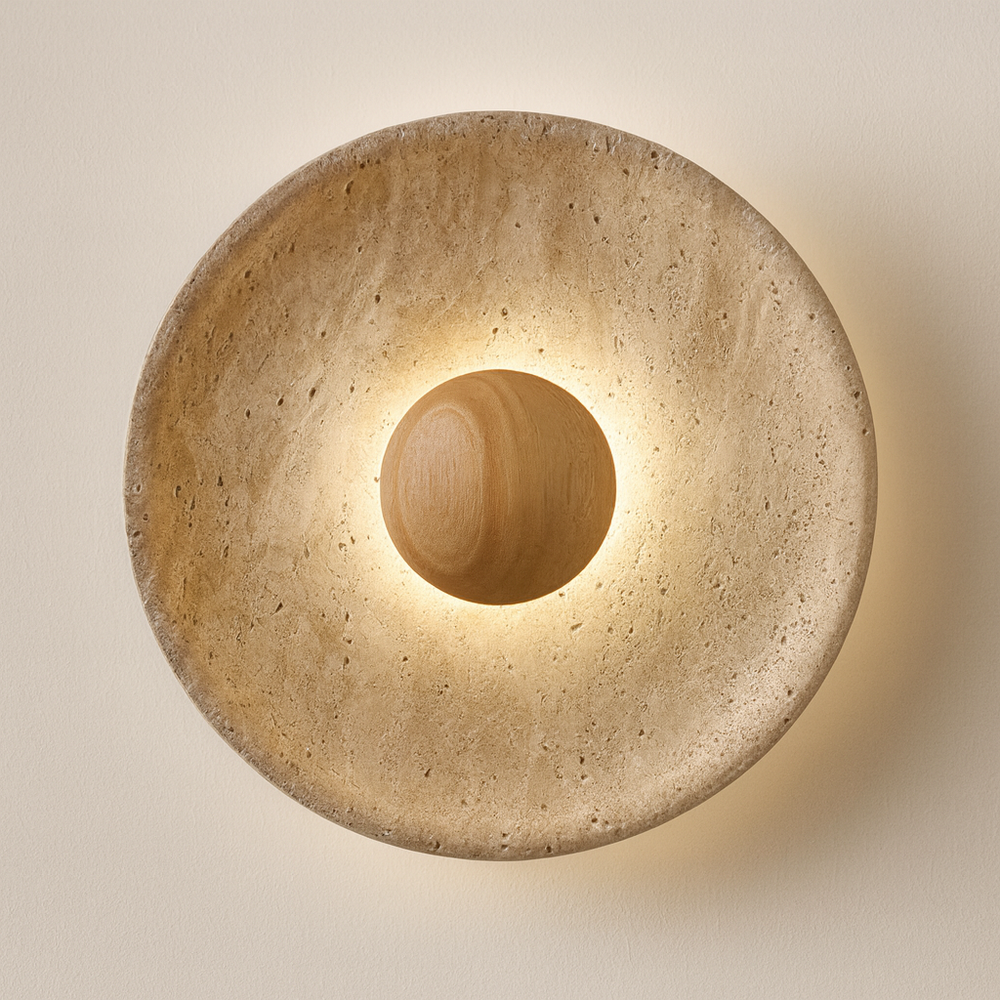 The Morsale Oakley Natural Stone & Wood Wall Light showcases a round beige stone-textured dish and a central smooth wooden sphere, casting a soft LED glow on light walls.