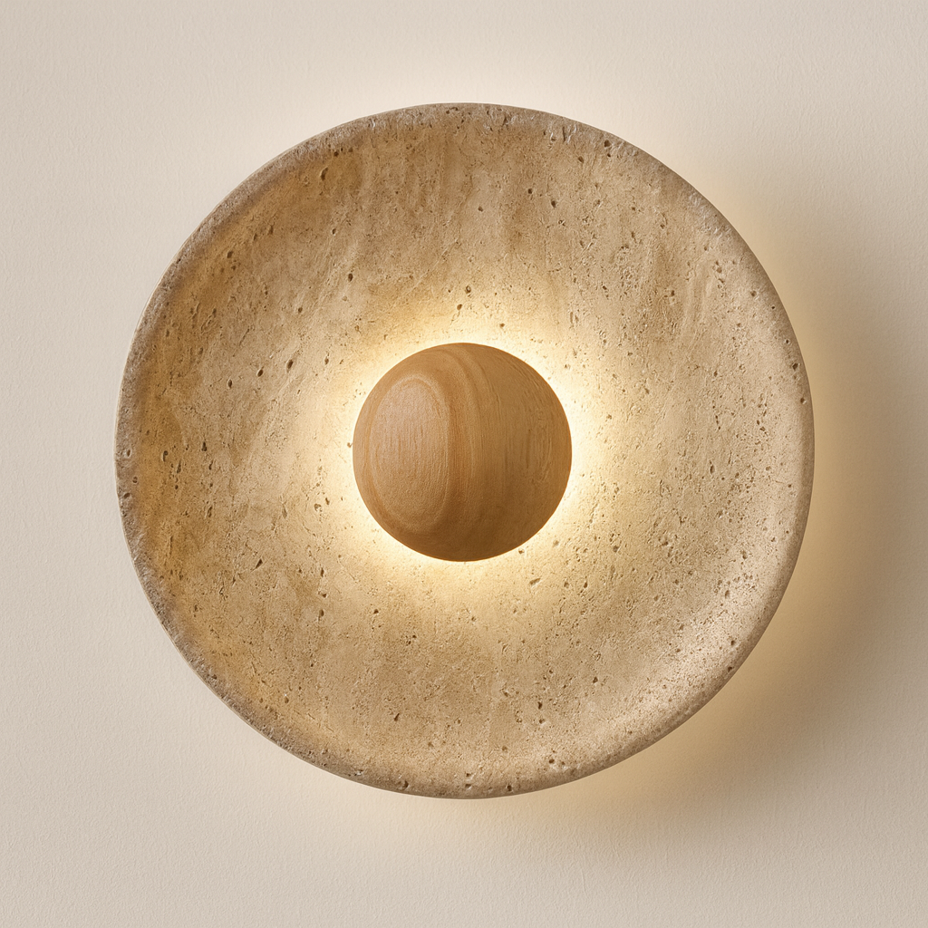 The Morsale Oakley Natural Stone & Wood Wall Light showcases a round beige stone-textured dish and a central smooth wooden sphere, casting a soft LED glow on light walls.