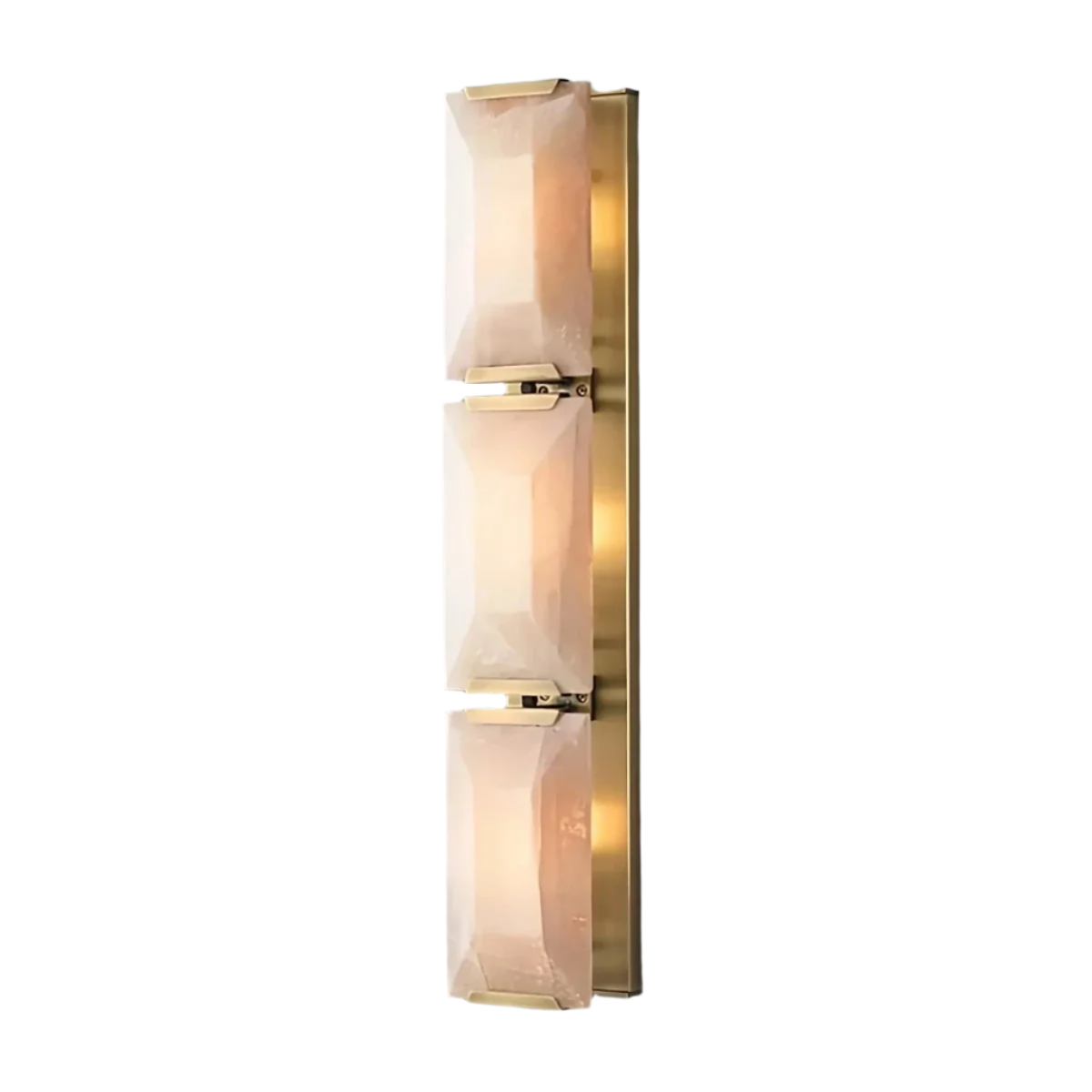 The Villano Calcite Crystal Wall Sconce from Morsale.com is a vertically oriented fixture with a brass base, featuring three stacked rectangular frosted glass shades that emit a soft, warm light—an exquisite addition to sophisticated interior decor.