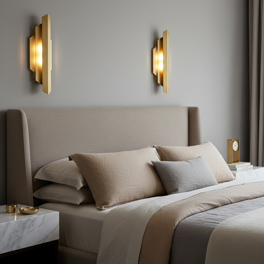 A modern bedroom features a gray upholstered bed, beige and gray bedding, marble-topped nightstand, gold alarm clock, and the Brookhall LED Wall Sconce by Morsale.com—all set against a neutral gray wall.