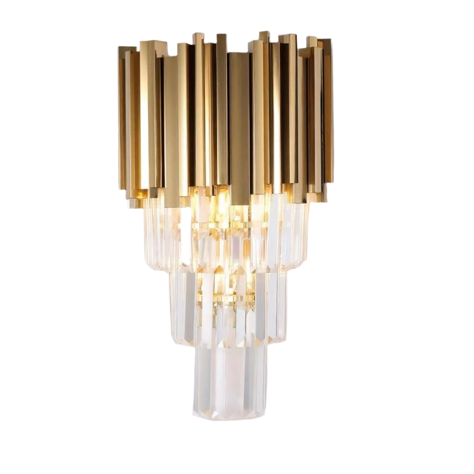 Introducing the Gio Crystal Wall Sconce by Morsale.com, a sophisticated fixture featuring a cascading design of tiered, long rectangular gold and clear handmade crystals. Crafted with gold electroplated stainless steel, the light bulbs nestled within emit a warm, elegant glow that exudes modern luxury.