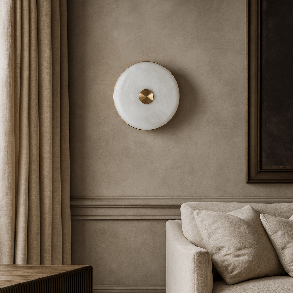 A modern living room with beige walls features the Windsor Marble Sconce by Morsale, a round white marble light with a gold center and integrated LED, alongside neutral curtains, part of a beige sofa with cushions, and a large framed artwork.
