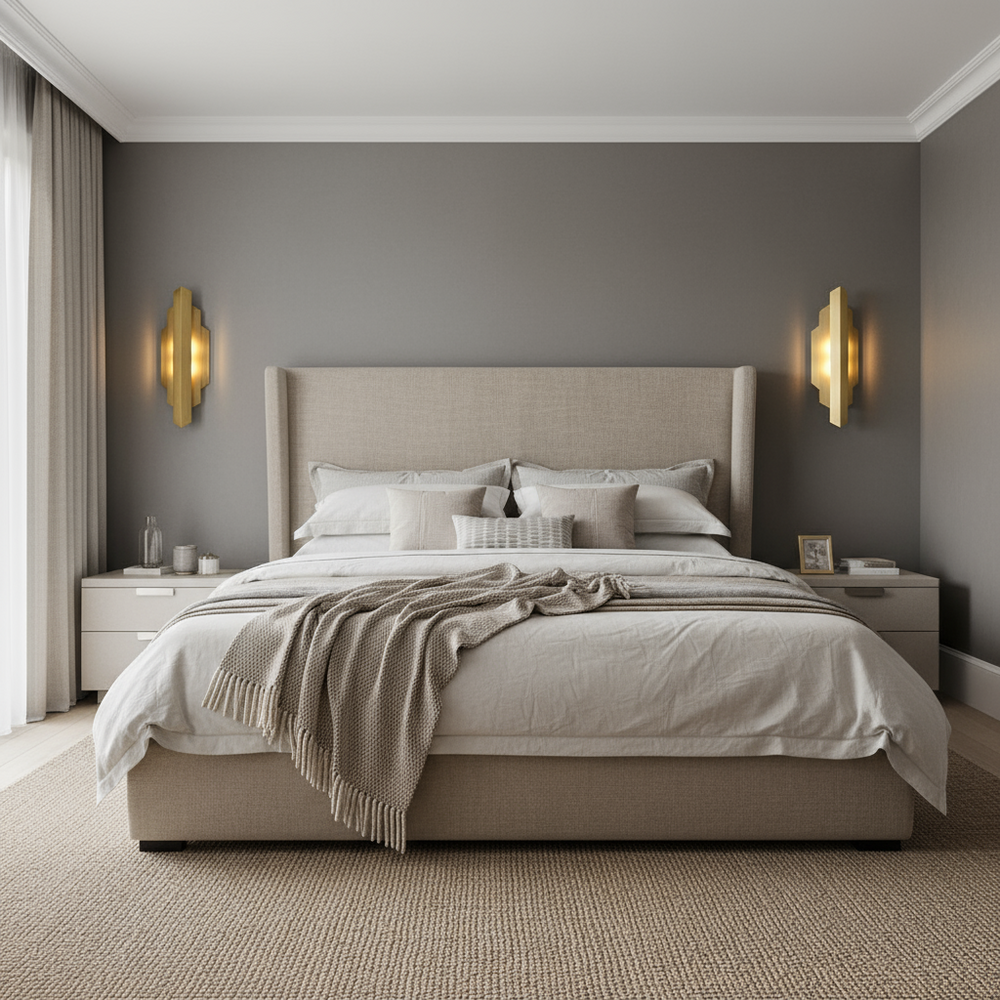 
                  
                    A modern bedroom with a beige upholstered bed, gray walls, two bedside tables, and the Brookhall LED Wall Sconce by Morsale.com casting soft light from a window with sheer curtains. Neutral bedding and a textured throw complete the cozy look.
                  
                