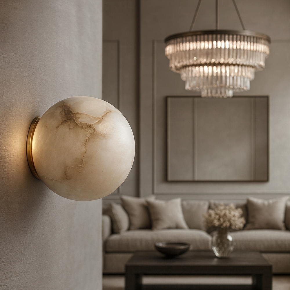 The Morsale Moonshade Marble Ball Light Fixture glows softly on a curved wall, while a crystal chandelier shines above a beige sofa and dark coffee table in this elegant, modern minimalist living room.