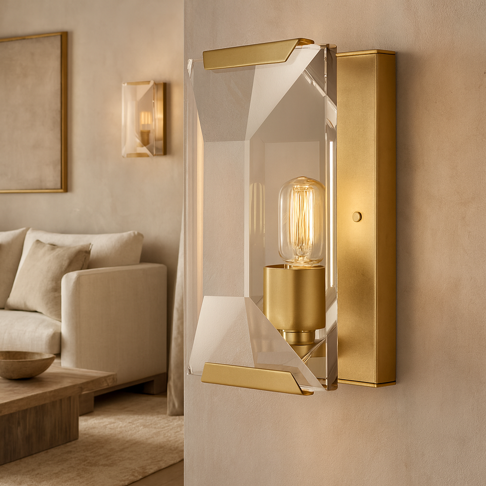 The Brookhill Crystal Wall Sconce by Morsale.com features a clear geometric glass shade and exposed bulb, elegantly mounted on a beige wall in a neutral-toned living room with a cream sofa in the background.