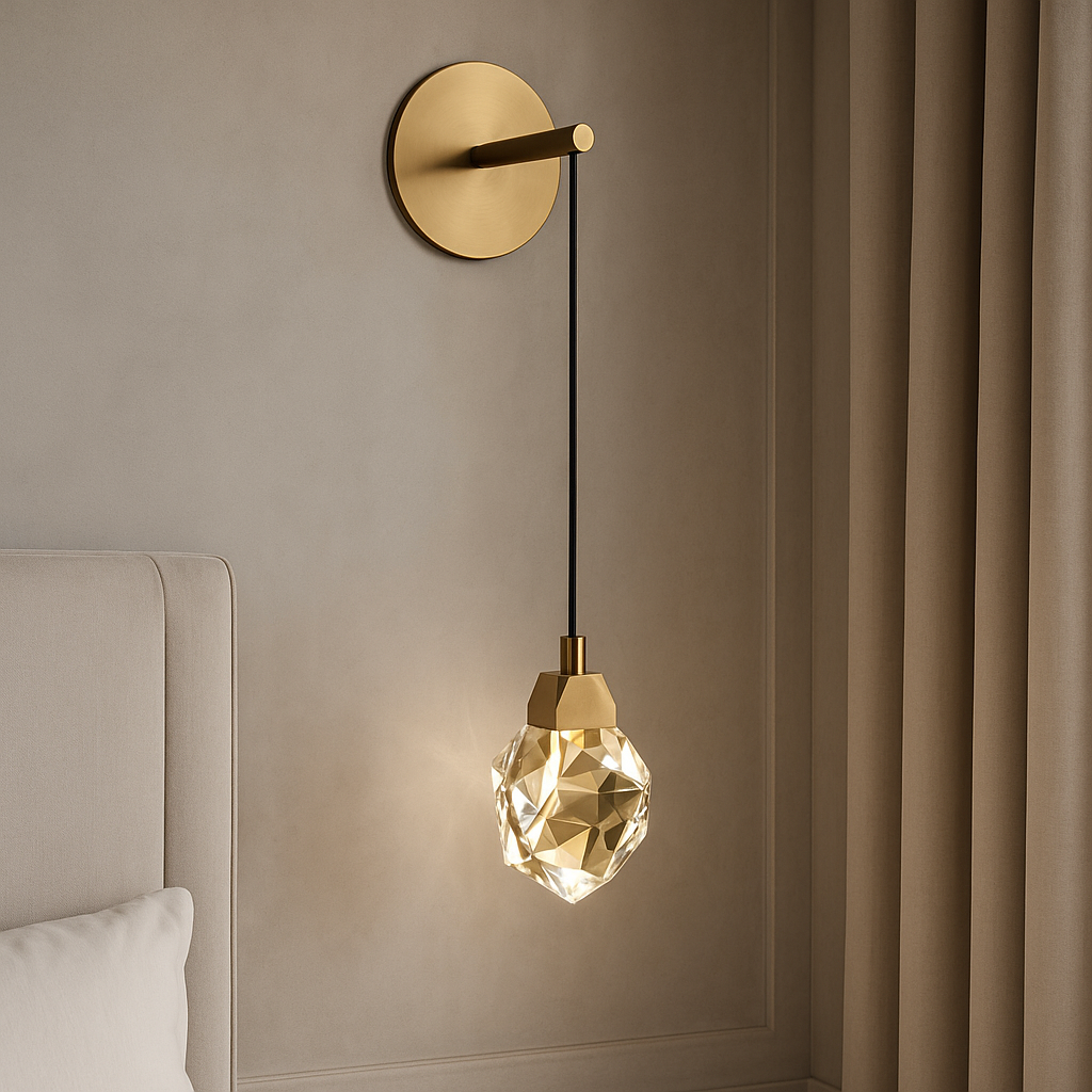 The Bari Crystal Wall Sconce by Morsale.com, featuring a brushed brass finish and faceted glass pendant, adds a warm ambient glow beside a beige upholstered bed and neutral curtains.