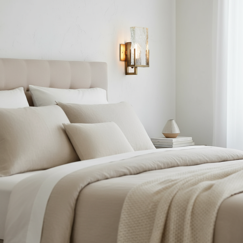 A modern bedroom with a beige and white bed, plush pillows, tufted headboard, and stacked books by the window features the Palermo Crystal Wall Sconce by Morsale.com for elegant lighting.