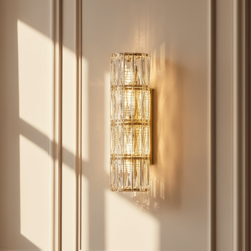 The Bacci Crystal Sconce from Morsale.com emits warm, dimmable LED light on a beige paneled wall, casting geometric shadows—a perfect modern wall lighting upgrade.