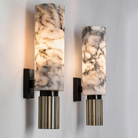 Moonshade™ Natural Marble Sconce showcasing unique veining patterns with soft illumination, ideal for contemporary spaces.