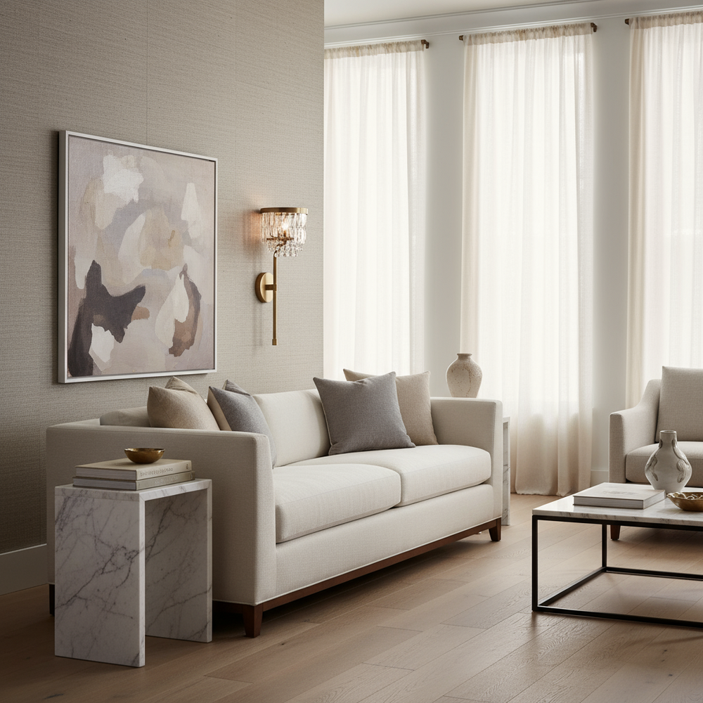 A modern living room featuring a cream sofa, neutral throw pillows, a marble side table, abstract wall art, tall windows with sheer curtains, and luxury lighting from the Morsale.com Valente Crystal & Brass Wall Sconce.