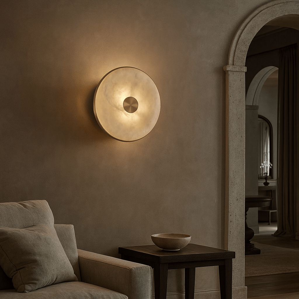 The Morsale Windsor Marble Sconce casts a soft glow on a beige wall beside a neutral sofa and dark side table, while an arched doorway leads to another warmly lit, elegant room in the background.