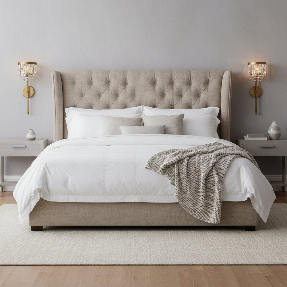
                  
                    A bed with a headboard and two nightstands, paired with elegant Valente Crystal & Brass Wall Sconces from Morsale.com for a touch of sculptural lighting.
                  
                