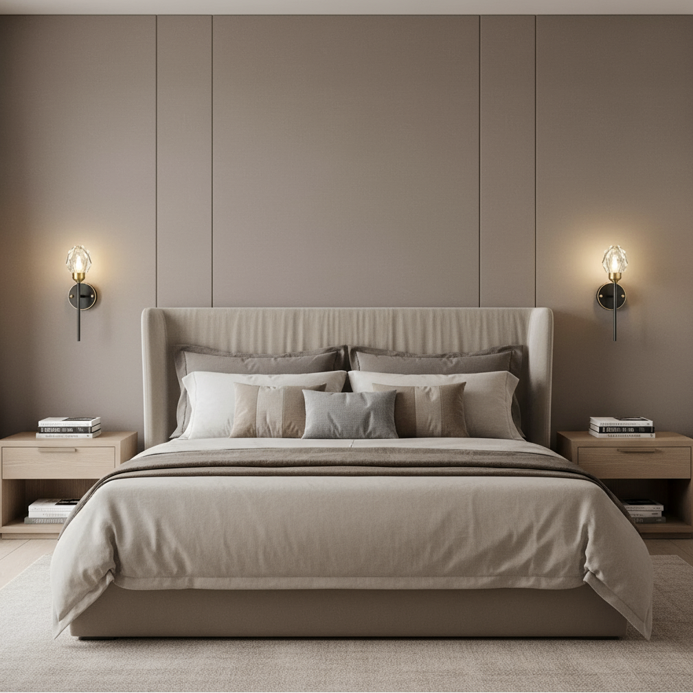 A modern bedroom features a large beige upholstered bed with matching pillows and bedding, two wooden nightstands with books, and Morsale's Diamante Crystal Wall Sconces on each side. Neutral, earthy tones complete the decor.