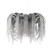 An elegant Cadena Chain Tassel Modern Chandelier by Morsale.com featuring multiple silver metallic chains draped in cascading loops around a circular frame. The chains create a luxurious, curtain-like effect, and the chandelier exudes a contemporary and sophisticated style with E14 LED bulbs and adjustable ceiling wire length.