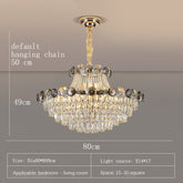 The Morsale Gioro Contemporary Chandelier is a luxurious ceiling fixture adorned with multiple layers of glittering crystals. With dimensions of 80 cm in diameter and 49 cm in height, paired with a 50 cm chain, it is ideal for spaces between 15-30 square meters. This chandelier accommodates 17 E14 bulbs and offers dimmable LED lighting for versatile ambiance.